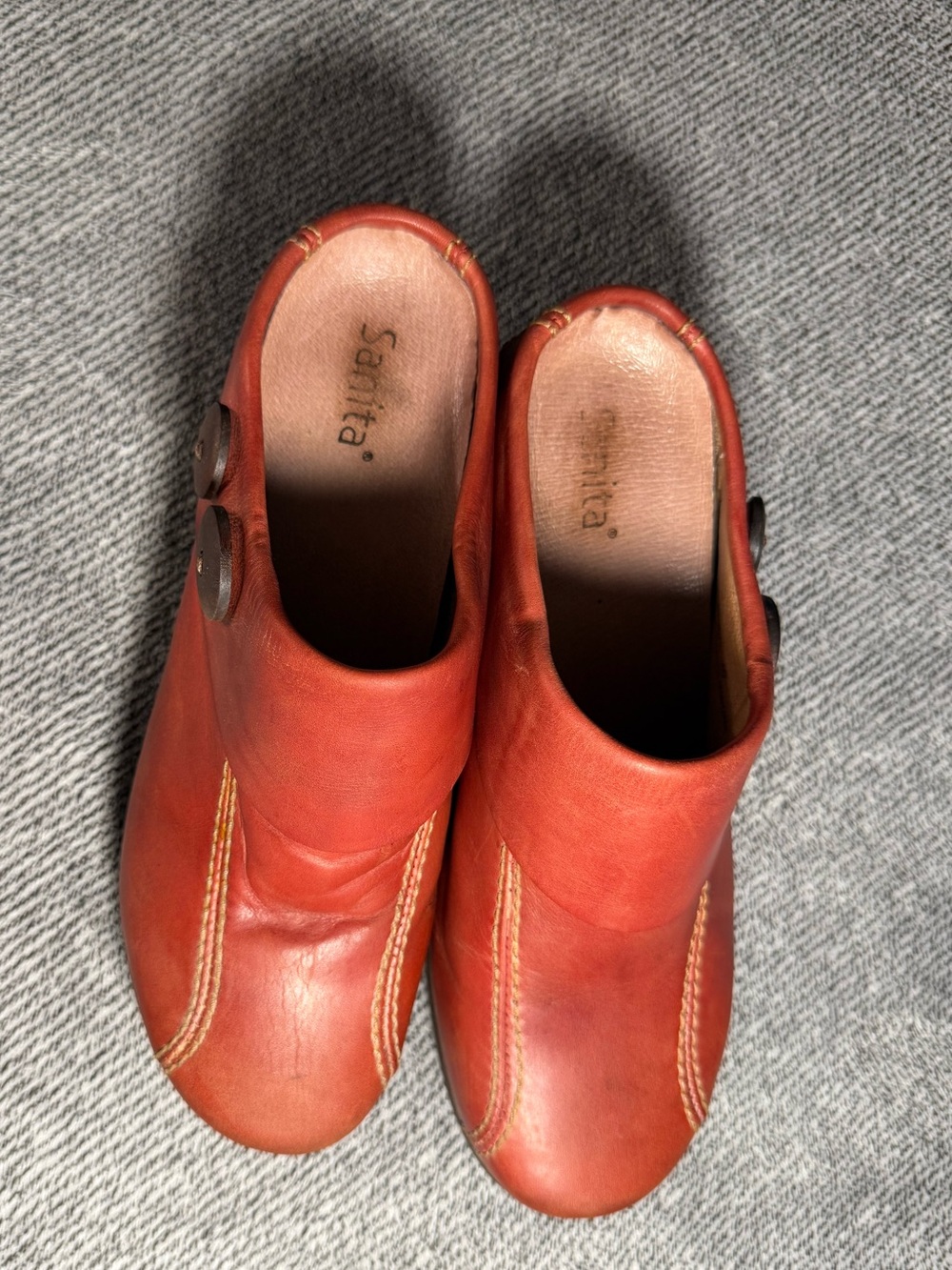 Sanita Orange-Red Leather Slip-On Clogs with Button Accent Size 40